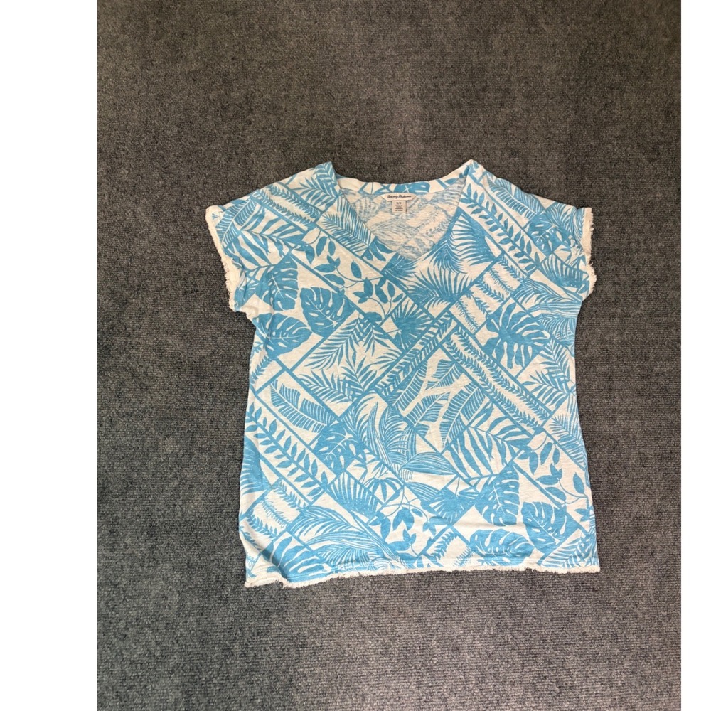Tommy Bahama Womens Blue Tropical Palm Leaf Frayed V-Neck Top‎ TW218395 Small